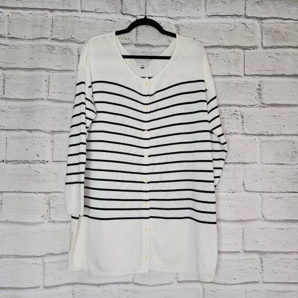 Cabi Knitted Button Up Striped Turnabout Cardigan Sweater White Size Medium 6164 - Picture 1 of 13